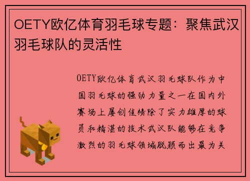 OETY欧亿体育羽毛球专题：聚焦武汉羽毛球队的灵活性