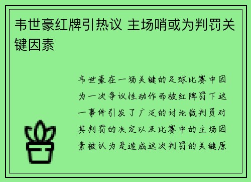 韦世豪红牌引热议 主场哨或为判罚关键因素