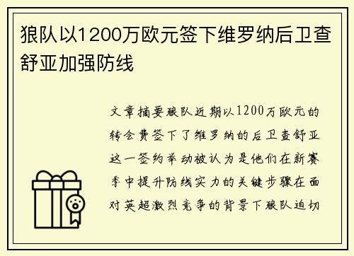 狼队以1200万欧元签下维罗纳后卫查舒亚加强防线
