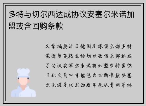 多特与切尔西达成协议安塞尔米诺加盟或含回购条款
