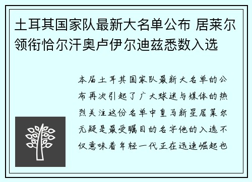 土耳其国家队最新大名单公布 居莱尔领衔恰尔汗奥卢伊尔迪兹悉数入选